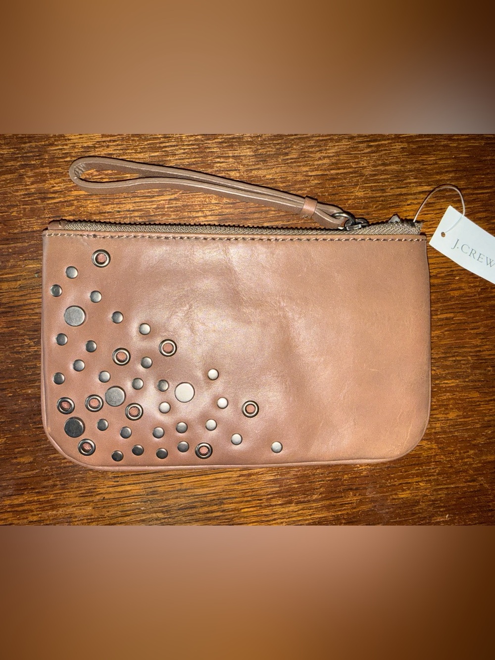 NWT J.Crew Brown Leather Wristlet Metal Studded Hardware Design 7.5”x 3.5.